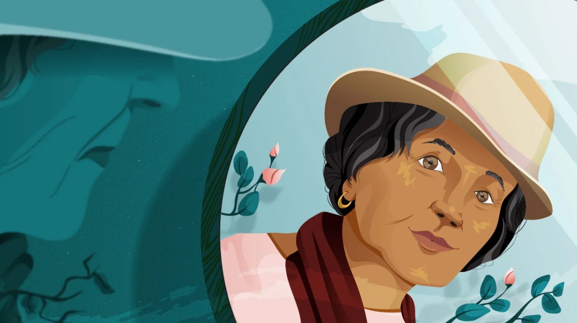 Senior woman wearing a hat looking into mirror
